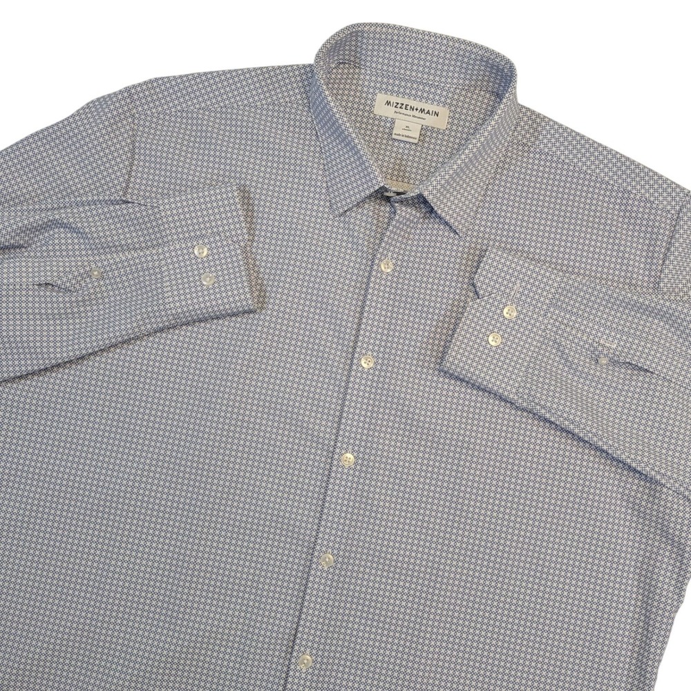 Mizzen+Main Leeward Dress Shirt Men's XL Blue Geometric Classic Fit Stretch